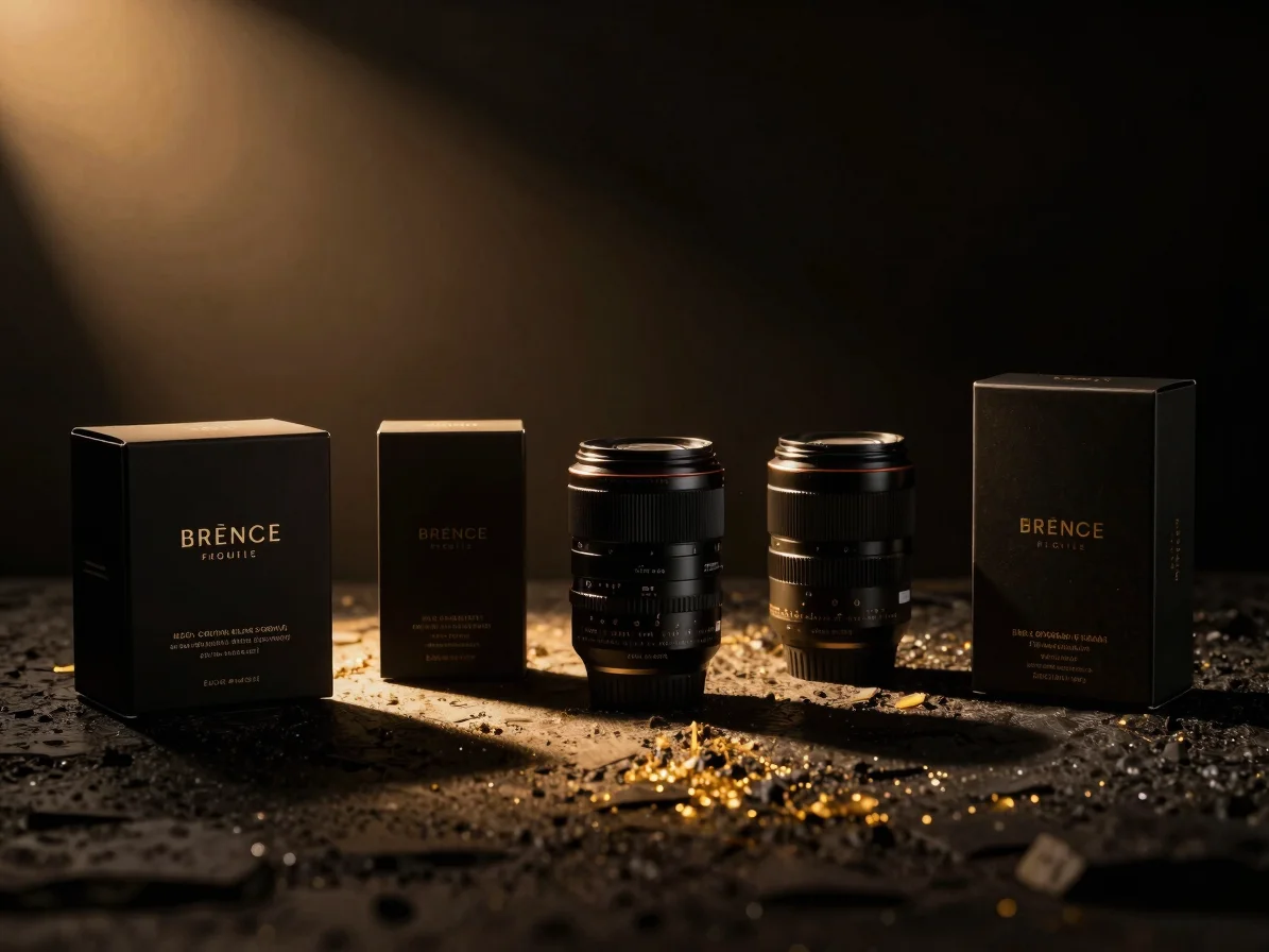 Macro studio setup of luxury product packaging under dramatic dir