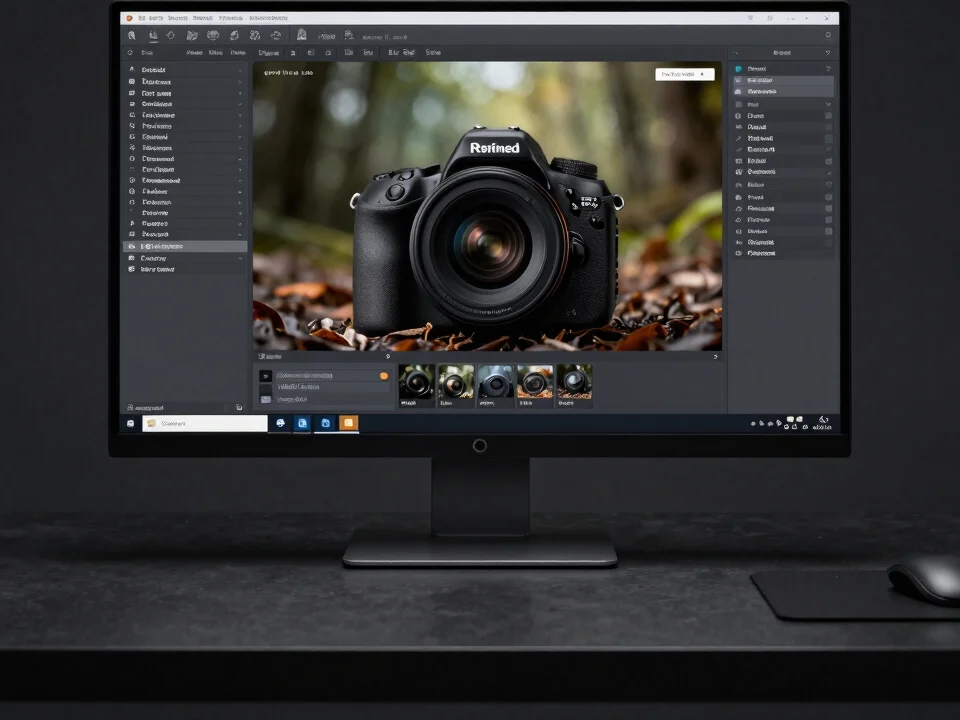 Refined digital web interface layout displayed on a sleek dark mo