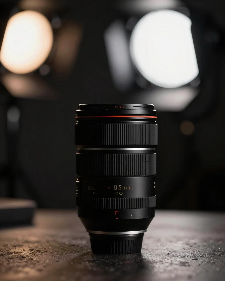 Dramatic close-up of a commercial studio setup with precision str