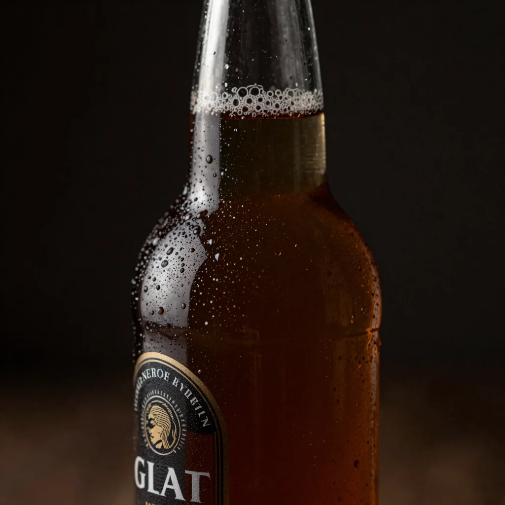Textured close-up of a premium beverage bottle, soft controlled r