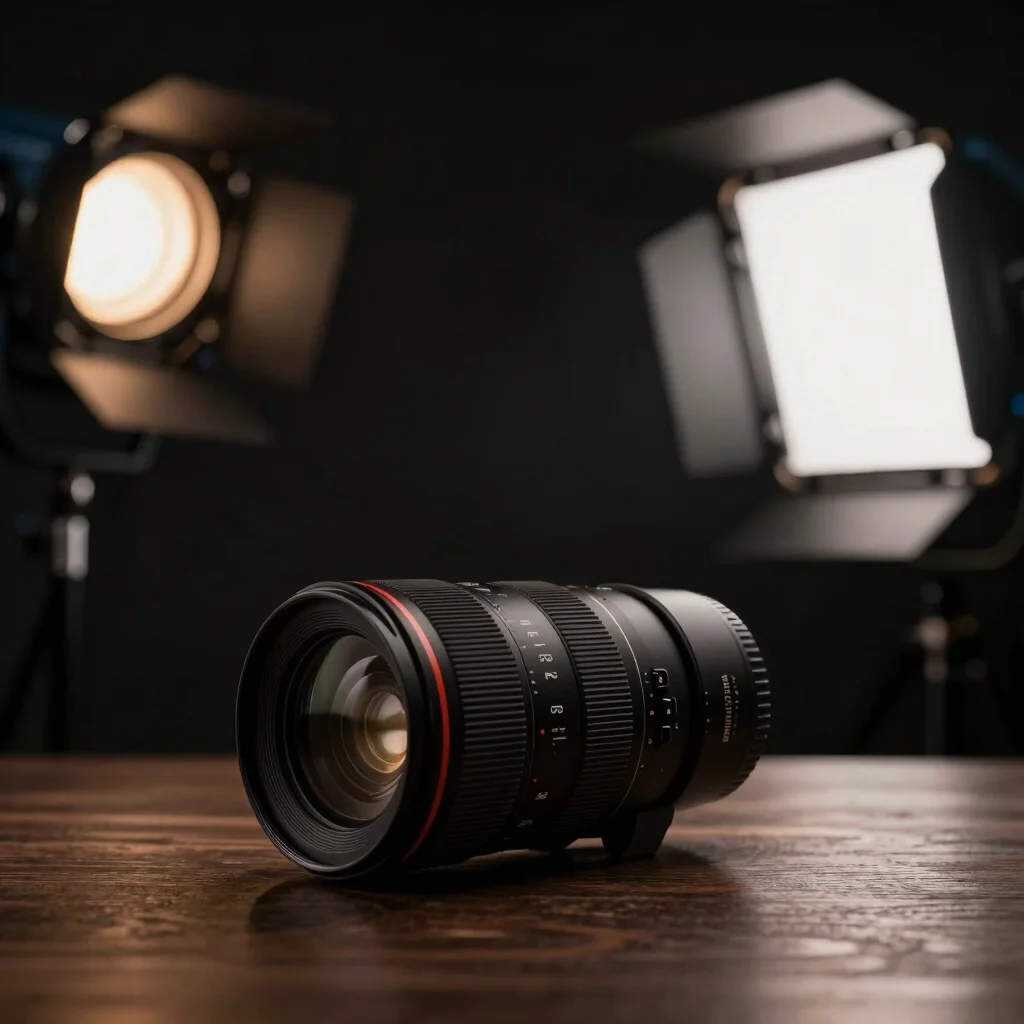 Studio camera equipment with cinematic lighting setup in the back